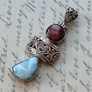 Stering Silver Larimar and Red Pearl Pendant